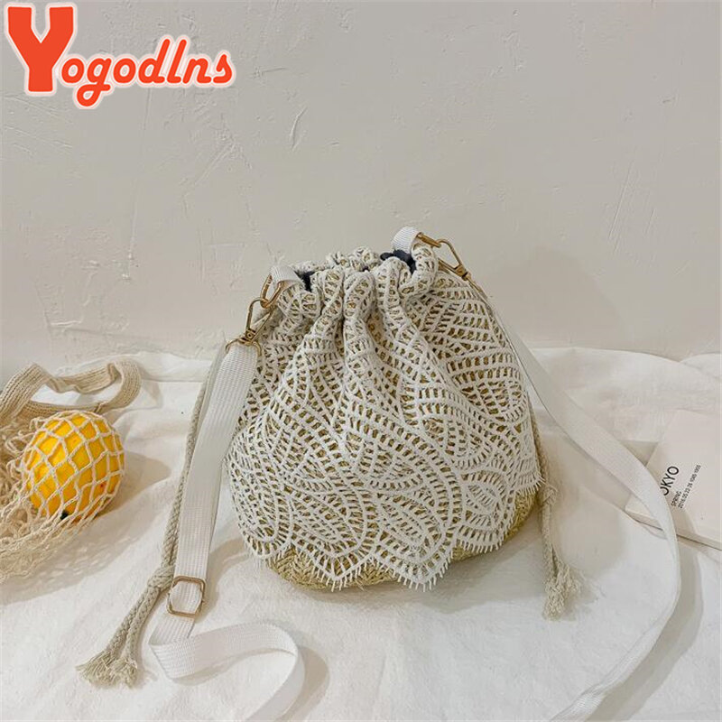 Yogodlns Summer Small Straw Bucket Shoulder Bag Lace Flower Leaf Decors Handmade Chic Handbags Women Messenger Crossbody Bags