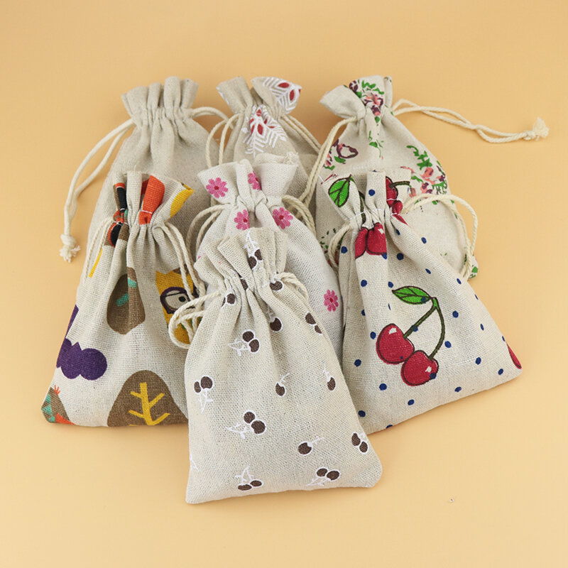 Bolsa de lino y algodón con cordón para joyería, bolsa decorativa para regalo de Navidad o boda, embalaje de producto de 10x14cm, 10 piezas