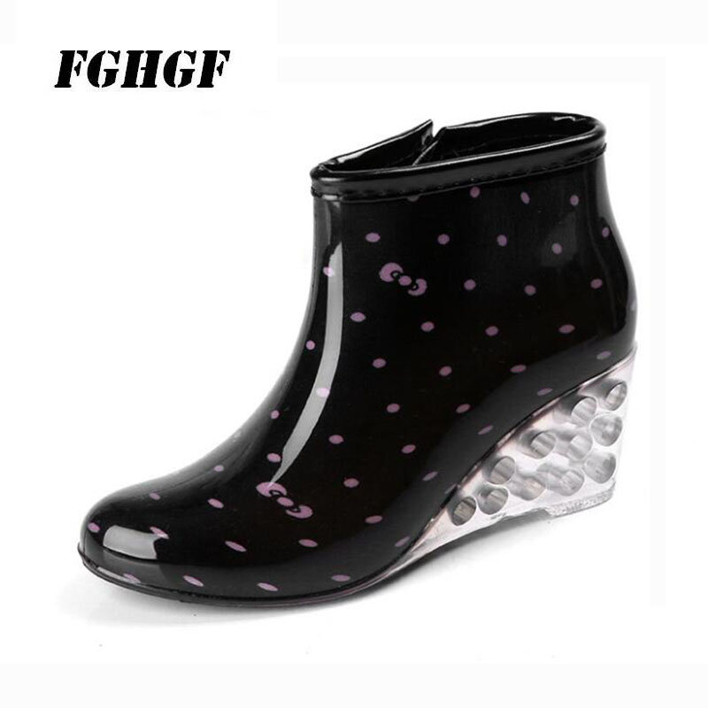 Ladies Boots PVC Rubber Waterproof Moisture Proof Speckle Tiger Stripe Lattice Pattern High-Heeled Short Boots Ladies Boots