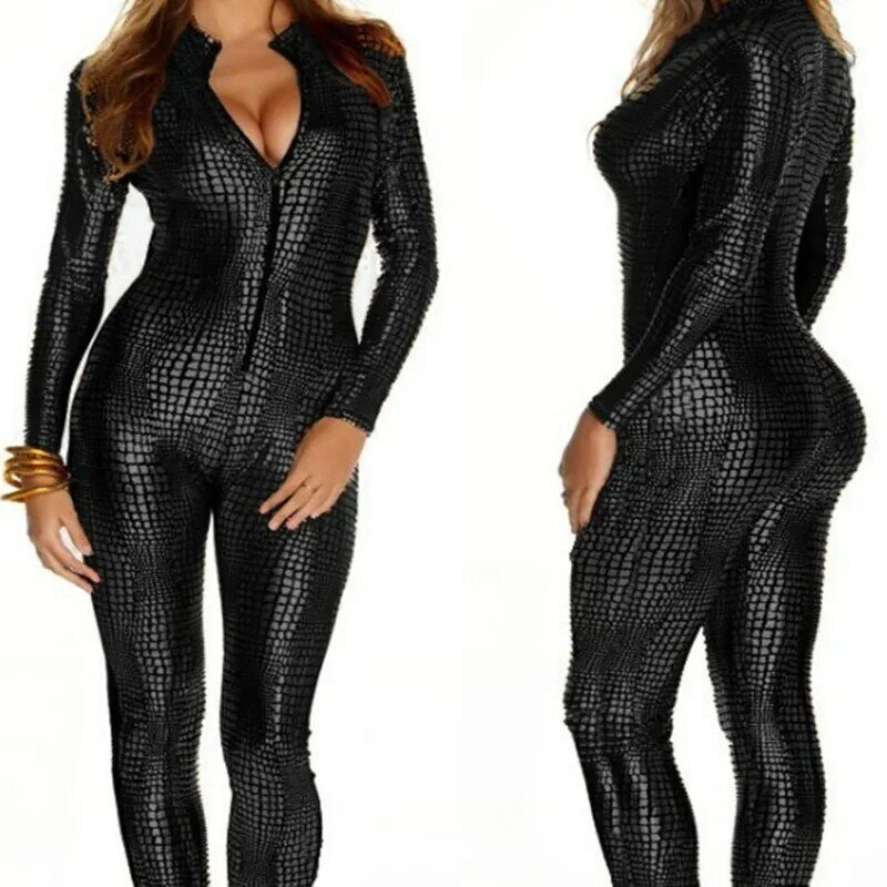 Sexy Black Wet Look Snake Jumpsuit PVC Latex Catsuit Nachtclub DS Kostuums Vrouwen Bodysuits Fetish Lakleer Spel Uniformen