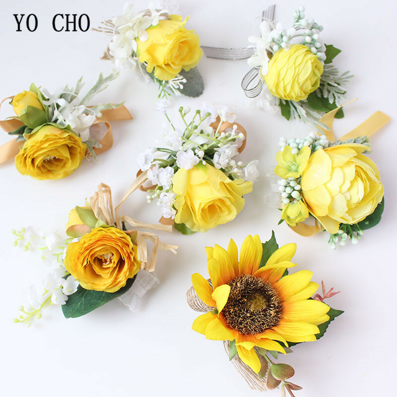 YO CHO Silk Rose panny młodej Boutonnieres i korszarz na rękę żółte kwiaty słoneczniki bransoletka Boutonnieres małżeństwo materiały ślubne