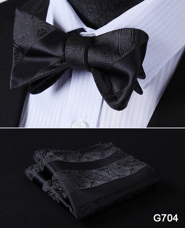 BC2001L Pure Black Check Classic 100%Silk Jacquard Woven Men Butterfly Self Bow Tie BowTie Pocket Square Handkerchief Suit Set