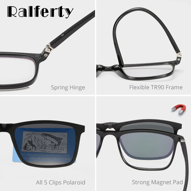 Ralferty Magnetic Sunglasses Men 5 In 1 Polarized Clip On Sunglass Women Square Sunglases Ultra-Light Night Vision Glasses A8804
