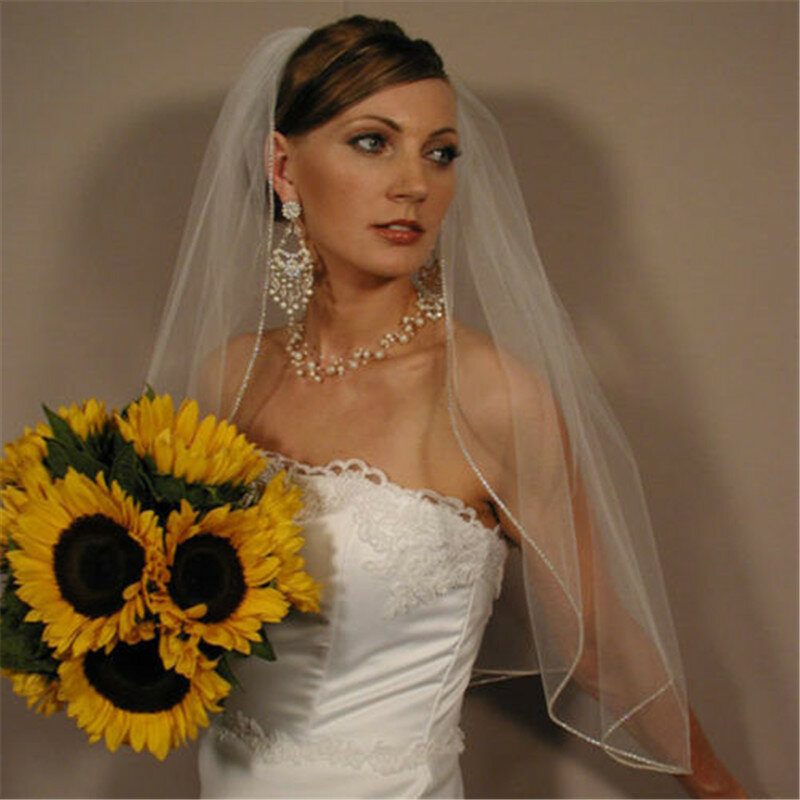 Crystal Edge 1 Layer Wedding Veil Elbow Length Bridal Veil in White, Ivory