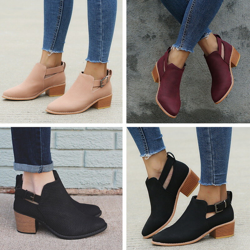 Женские ботинки; модная повседневная женская обувь; замшевые ботинки с пряжкой; зимняя обувь на высоком каблуке с молнией для женщин