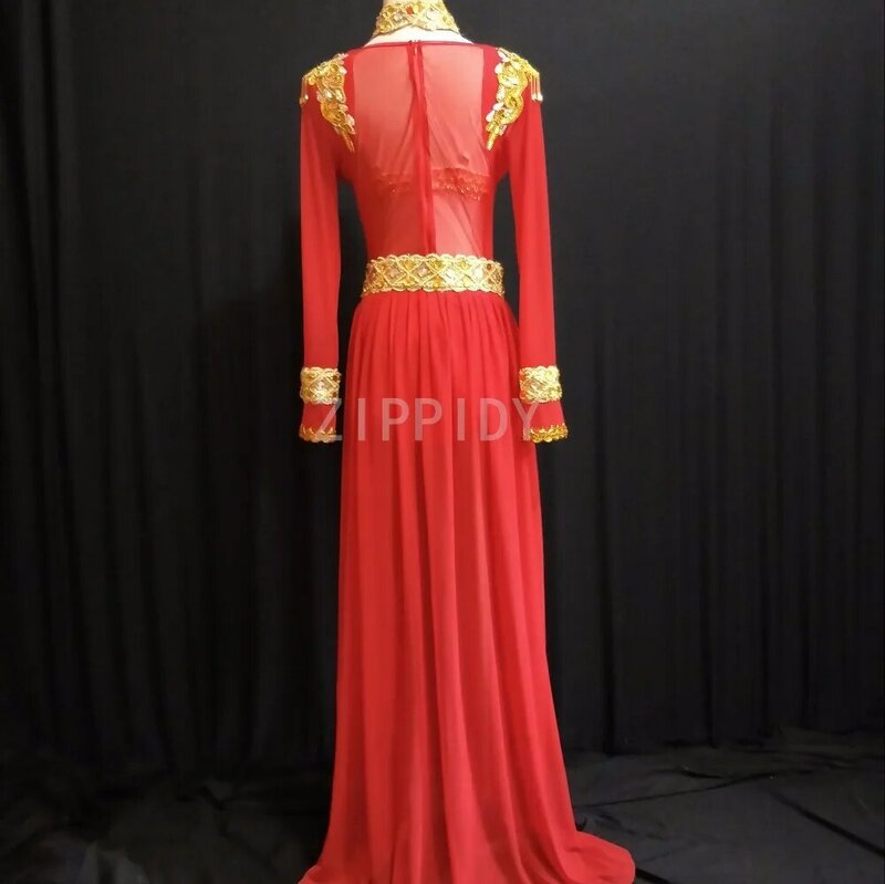 Wanita Fashion Kostum Tari Emas Merah Baju Rok Tahap Kinerja Dua Potong Pakaian Penyanyi Ulang Tahun Pakaian