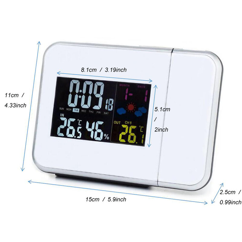 นาฬิกาปลุกฉายภาพดิจิทัลสถานีสภาพอากาศอุณหภูมิเครื่องวัดอุณหภูมิความชื้นความชื้น/ข้างเตียง Wake Up นาฬิกาโปรเจคเตอร์