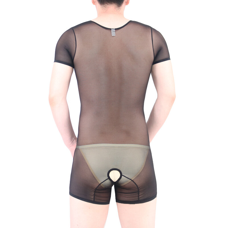 Pakaian Tidur Pria Bodysuit Transparan Pembentuk Perut Pinggang Ultra-tipis Seksi Piyama Ramping Satin Lengan Pendek Pria