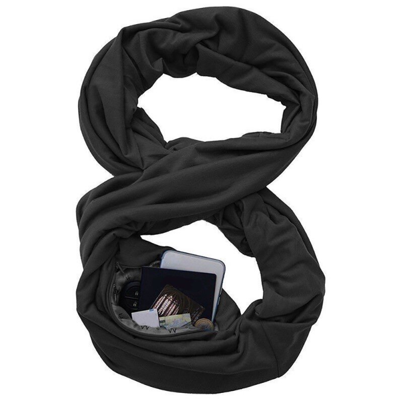 Moda mujer suave Jersey bolsillo secreto con cremallera bufanda de redecilla sólida bufandas de viaje bufandas gran oferta