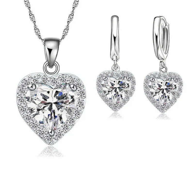 Fine 925 Sterling Silver Jewelry Set para Mulheres, casamento nupcial Coração, colares de cristal austríaco, brincos Set, Valentine Day
