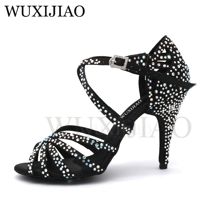WUXIJIAO-zapatos de baile de fiesta para mujer, calzado de satén brillante con diamantes de imitación, fondo suave, para baile latino, Salsa, heel5CM-10CM