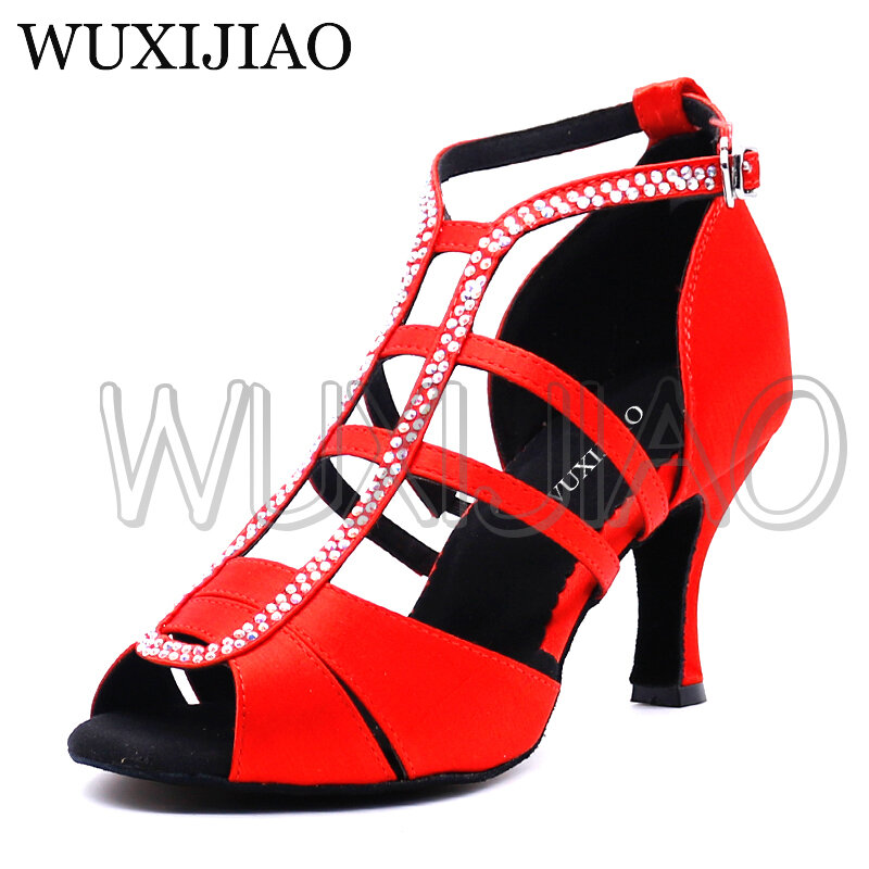 WUXIJIAO-Sapatos de dança latinos para mulheres, sapatos de strass salsa, sapatos de dança de salão branco, salto 5cm-10cm, novo