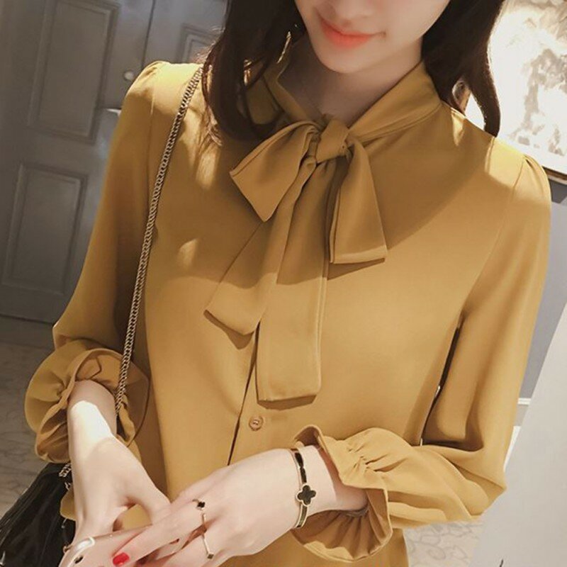 Элегантная Женская приталенная рубашка с длинным рукавом, Весенняя модная шифоновая блузка с бантом, Офисная Женская официальная желтая блузка