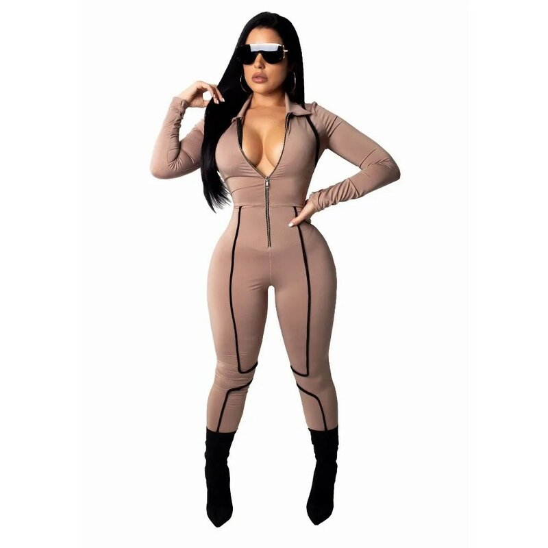 Women Zipper rompers womens jumpsuit Long sleeve Sexy bodycon jumpsuits for women 2019