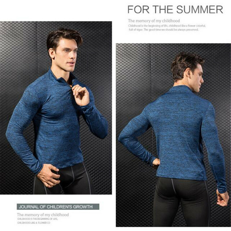 Pria Pembentuk Plus Bulu Pelatihan dan Latihan Sweater 3D Ketat Elastis Wicking Olahraga Gym Lari Lengan Panjang Stand Collar Sweater