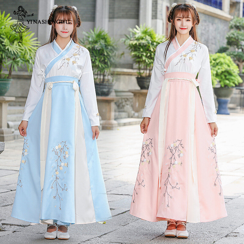 Женское платье Hanfu женские с баской, костюм ханьфу, Сказочная юбка, свежая и элегантная одежда в китайском стиле, павильон Хуацин ханьфу