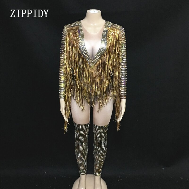 Body Sexy con flecos dorados y diamantes de imitación para mujer, leotardo elástico grande para baile de Jazz, traje de una pieza para espectáculo nocturno