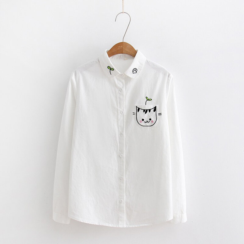 Женская белая блузка рубашка женская хлопковая Новая летняя Милая Вышивка мультяшного кота рубашки женская одежда 2019
