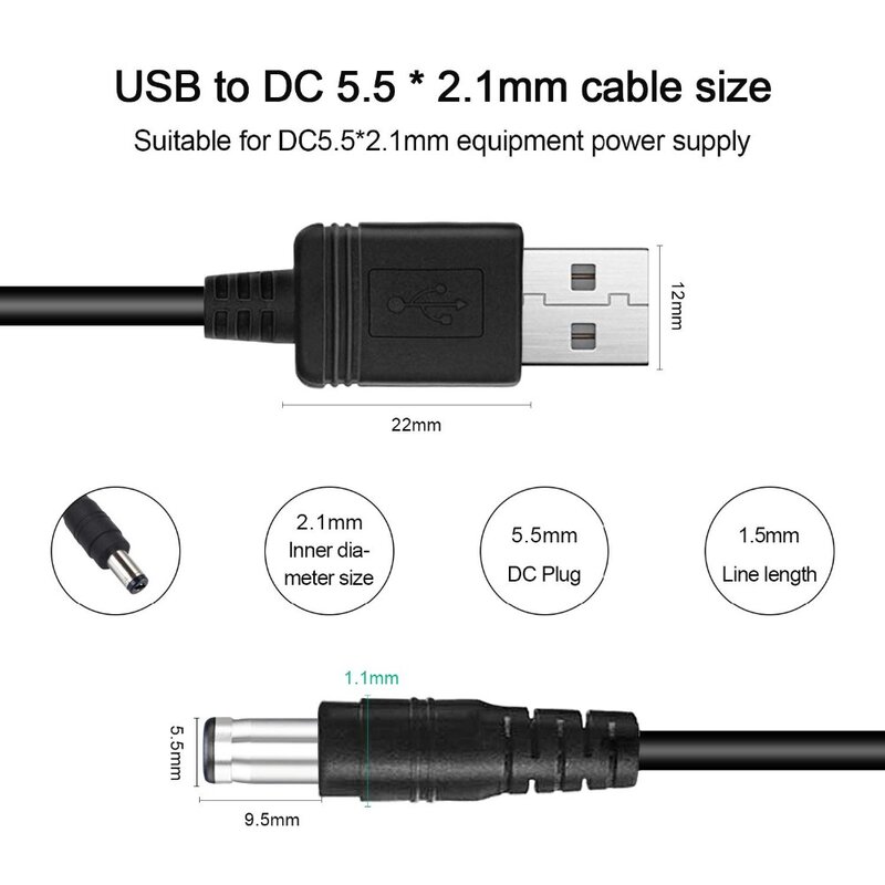 Cable de alimentación USB tipo A macho A 5,5mm x 2,1mm barril 5V DC con 4 Conectores compatibles con ordenador portátil, Router y más dispositivos de 5V