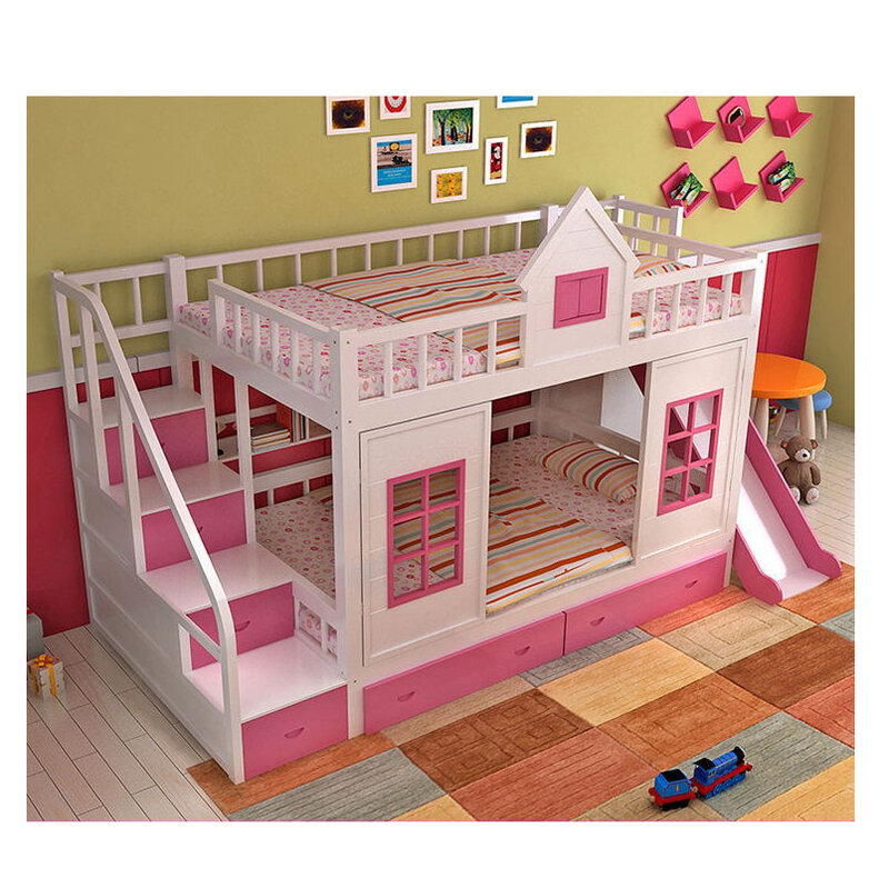 سرير أطفال خشبي حديث بطابقين مع سلم خزانة منزلق 2020