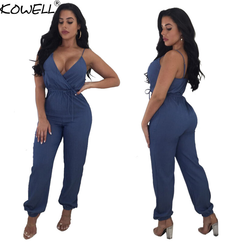 Kowell Denim Sleeveless Sexy Women Jumpsuit Romper Summer Deep V Neck Strap Backless Long Playsuit Fitness Overalls Party Club