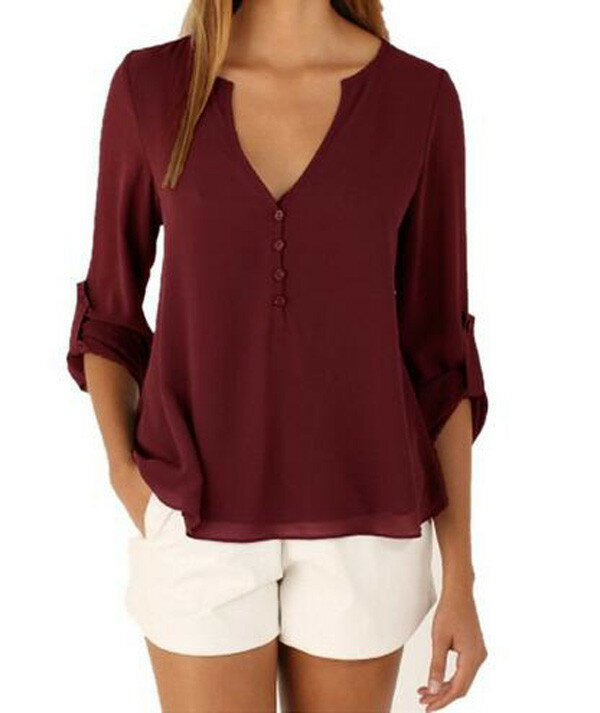 Женская однотонная блузка, топы с v-образным вырезом, винтажная весенне-осенняя рубашка, одежда, повседневная шифоновая блуза с расклешенным рукавом, Blusa