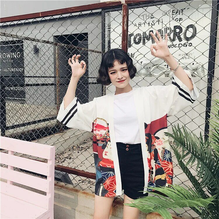 Harajuku moda dziewczyny bluzki lato Vintage Streetwear Kimono Kawaii sweter ochrona przed słońcem koszule zakryć ochrony przeciwsłonecznej topy