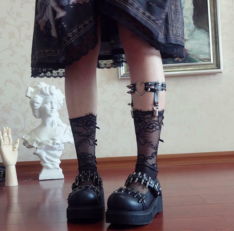 Jarretelles antidérapantes plate-forme | Uniforme noir JK chaussette mollet avec boucle, fermoir anneau mollet japonais femme, anneau mollet, ceinture de jambe, chaussures à balle