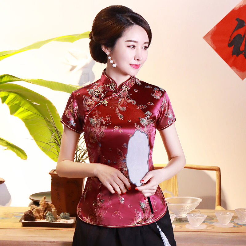 Dragon Phoenix Chinese Nationale Vrouwen Blouse Nieuwe Casual Zomer Korte Mouw Tops Traditionele Mandarijn Kraag Kleding