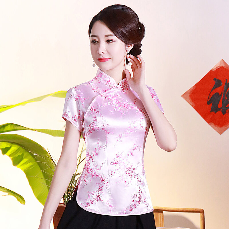 Orientalischen Stil Damen Traditionelle Shirt Sommer Neue Blume Rayon Chinesische Bluse GROßE GRÖßE 3XL 4XL Rosa Elegante Tops Tang Kleidung