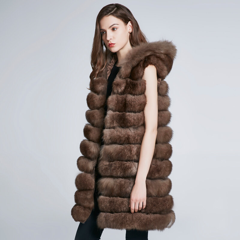 Новинка JKP, длинное пальто со съемным натуральным лисьим мехом на капюшоне, жилет, модное плотное теплое пальто, женские меховые жилеты