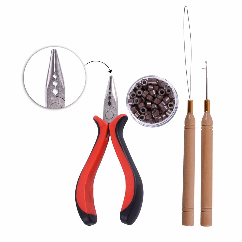 Kit d'outils d'extension de cheveux, 1 paquet/100 pièces Micro liens/perles + 1 pièce tirant illac + 1 pièce 3 trous pince