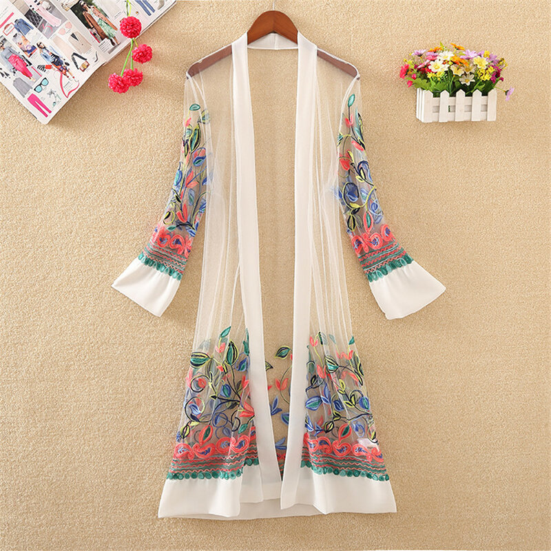 Женские свободные блузки-кардиганы средней длины с вышивкой, тонкая одежда для защиты от солнца, пляжные Блузы WZ809, лето 2019