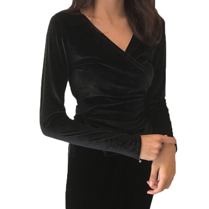 2018 새로운 패션 S-10XL v 넥 벨벳 긴 소매 블랙 그레이 여성 슬림 탑스 붕대 불규칙한 티셔츠