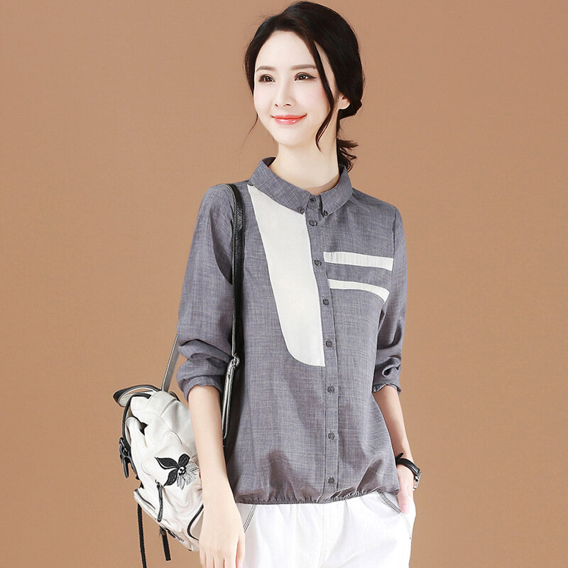 高品質女性のスタンド襟カジュアルシャツブラウスパッチワーク刺繍長袖シャツ女性トップス SW-043