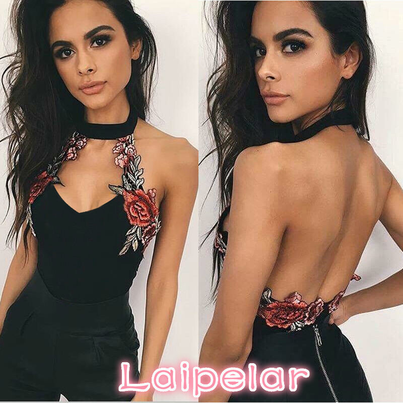 Sexy Bodysuits Women Floral Embroidered Lady Choker V-Neck Party Leotard Bodysuit Jumpsuits Tops Laipelar