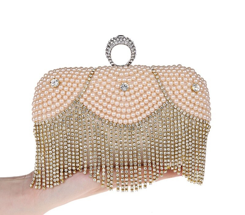 JaneVini Luxury Rhinestones Tassel Handbags Women Bags Designer Pearl Wedding Clutch Bag With Chain Party Bridal Ladies Handbags