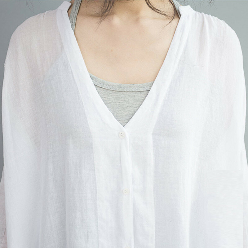 Sanishroly-Blusa de lino y algodón con cuello en V para mujer, Camisa larga informal, holgada, para primavera y otoño, S012