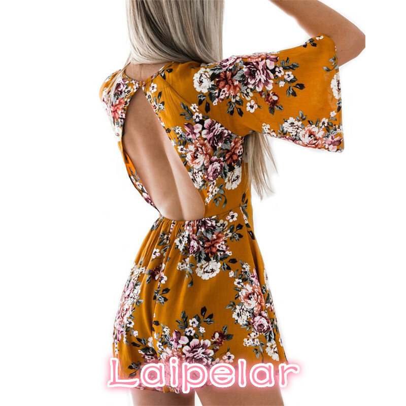Summer Boho Style Women Rompers Floral Print Beach Playsuits Sexy Backless Jumpsuit Female Short Chiffon Jumpsuit Overalls