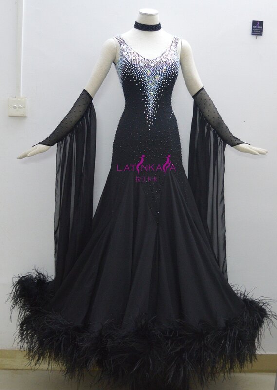 KAKA DANCE B1411, nuevo estilo 2014, vestido de Baile Estándar de salón de plumas negras, vestido de competición de Vals, mujeres, vestido de baile de salón