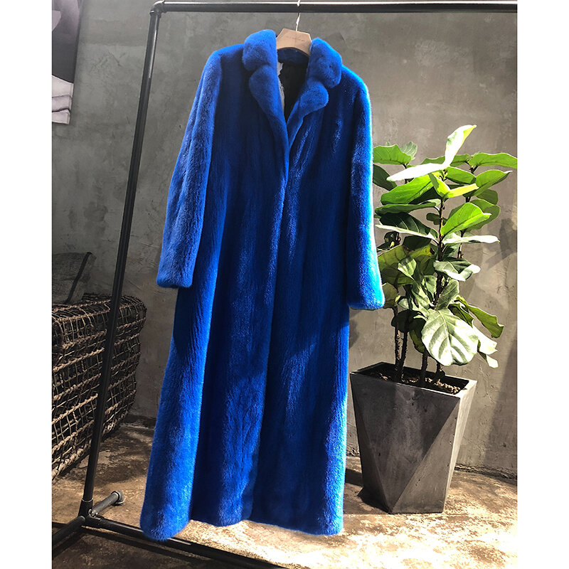 Donne vera pelliccia di visone cappotto lungo temperamento femminile maniche lunghe giacca di pelliccia di visone velluto-grado auto-miglioramento forcella posteriore blu