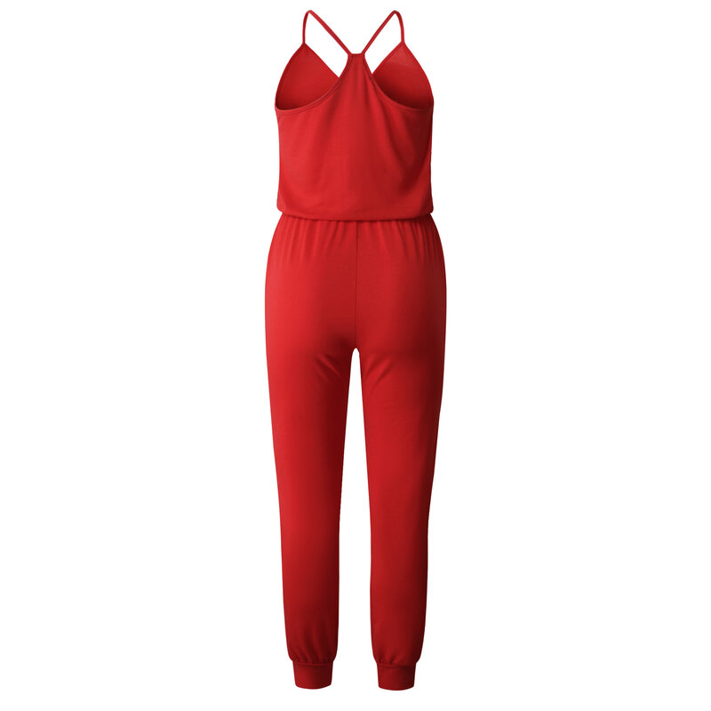 Solid Fashion Summer Women Jumpsuit Romper Sexy V Neck Backless Lace-up Beach Bodycon strap femme Jumpsuit Overalls long pants