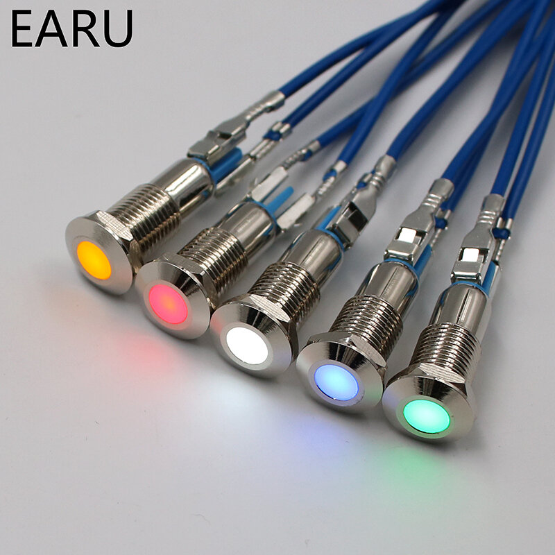 Luz indicadora de Metal LED, lámpara de señal impermeable de 8mm, 5V, 6V, 9V, 12V, 24V, 110V, 220V, punto cóncavo, piloto, rojo, azul, verde, amarillo, bombilla caliente