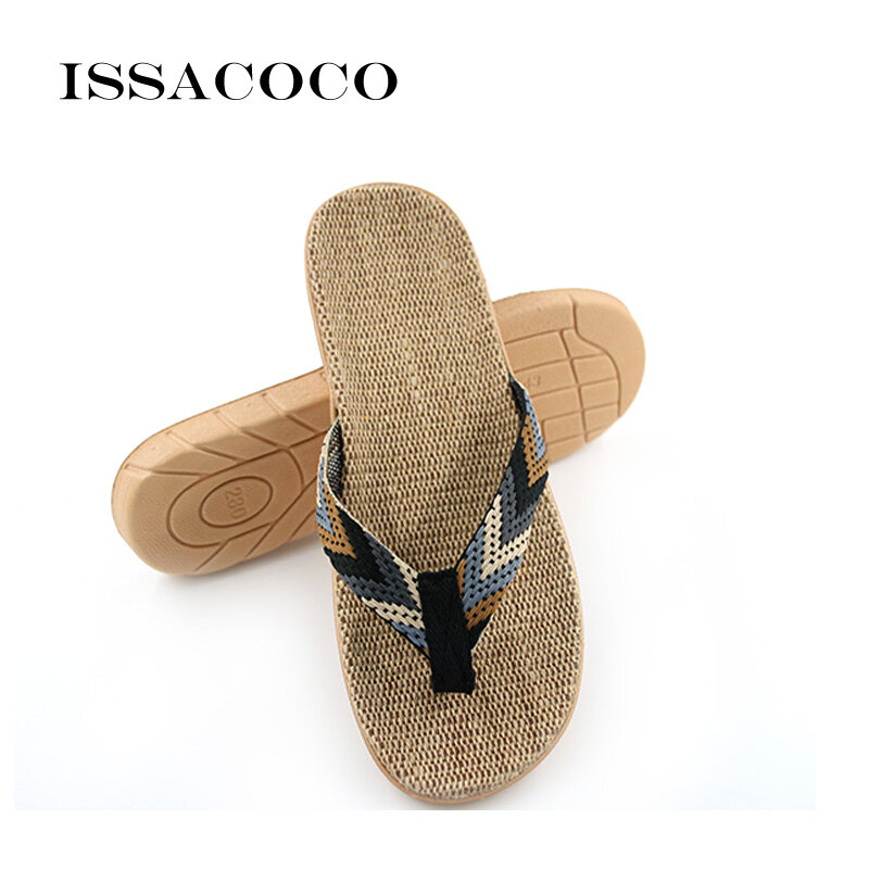ISSACOCO Men's Linen Flip Flops Striped Ribbon Sandals Flat EVA Non-Slip Linen Slides Home Slippers Man Casual Straw Beach Shoes