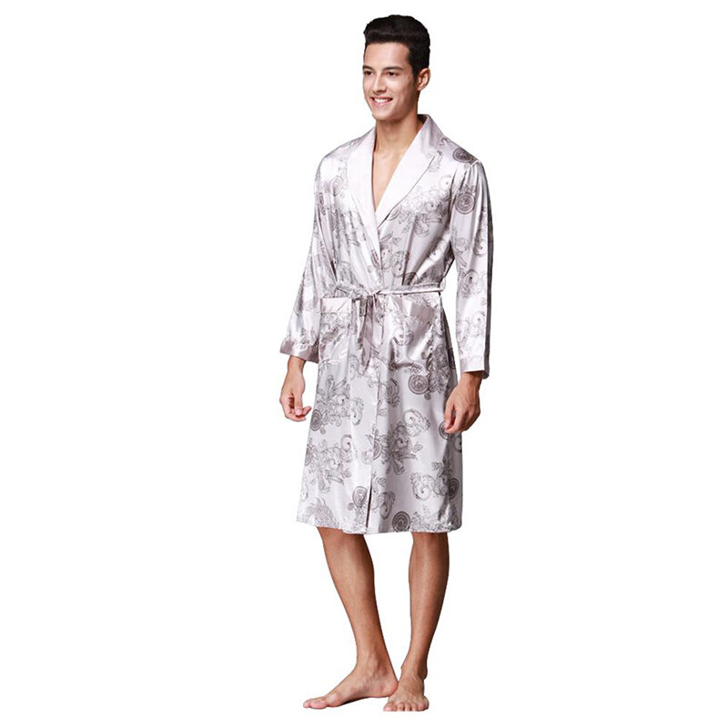 Tony&Candice Men's Satin Robe Long Sleeve Spa Bathrobe Dragon Printed Loungewear Sleepwear