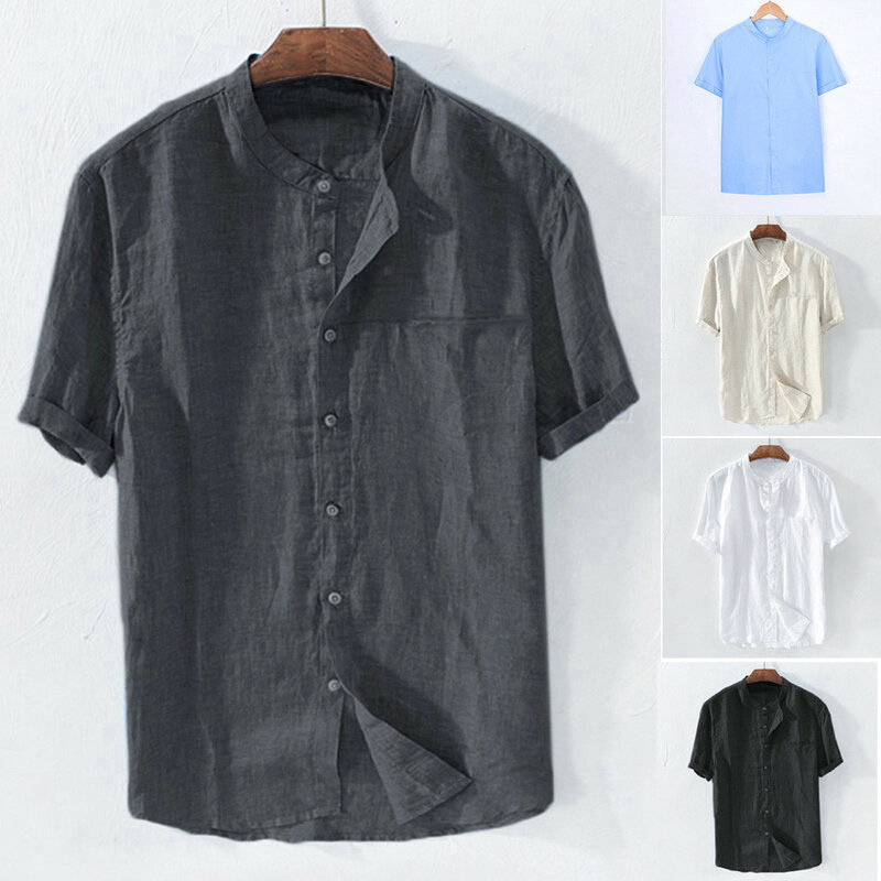 Linen shirts men Baggy Cotton Solid Color Short Sleeve Retro T Shirts Tops Fashion Blouse Summer Tees c0514