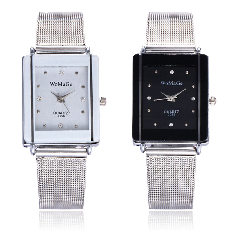 Reloj de pulsera de cuarzo para hombre y mujer, con esfera rectangular, correa de malla de acero inoxidable, a la moda