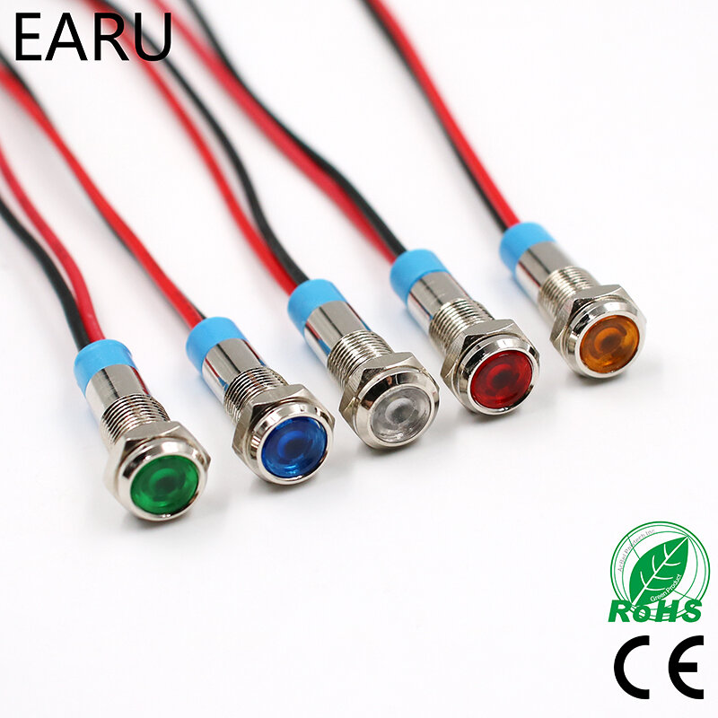 Luz indicadora LED de Metal, lámpara de señal impermeable de 6mm, 3V, 5V, 6V, 12V, 24V, 110V, 220v, con cable rojo, amarillo, azul, verde y blanco