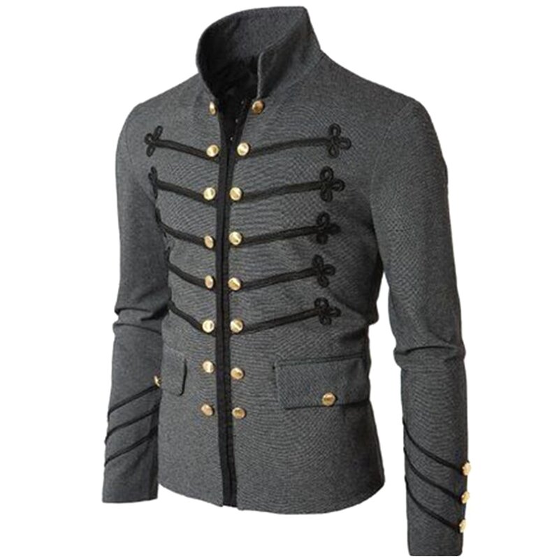Куртка мужская в стиле стимпанк, Готическая верхняя одежда, пиджак в стиле милитари, винтажный жакет в средневековом стиле, пальто с воротником-стойкой в стиле рок-платье, пальто в стиле ретро/панк