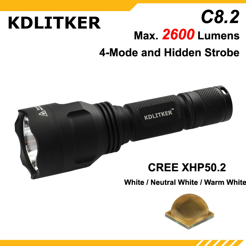 Potente linterna LED táctica KDLITKER C8.2 Cree XHP50.2, 2600 lúmenes, de alta potencia, para acampar al aire libre, 18650 (1 Ud.)